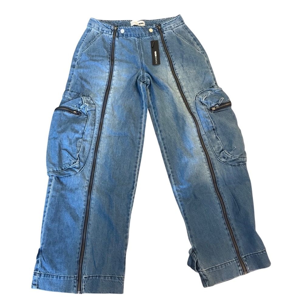 NWT Fashion Nova Too Late Non Stretch Baggy Cargo Jeans Medium Wash Size 11